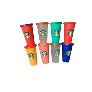 NEW 8 Starbucks Plastic Reusable LOGO Color Changing Cold Cup & LIDS 24 Oz SET